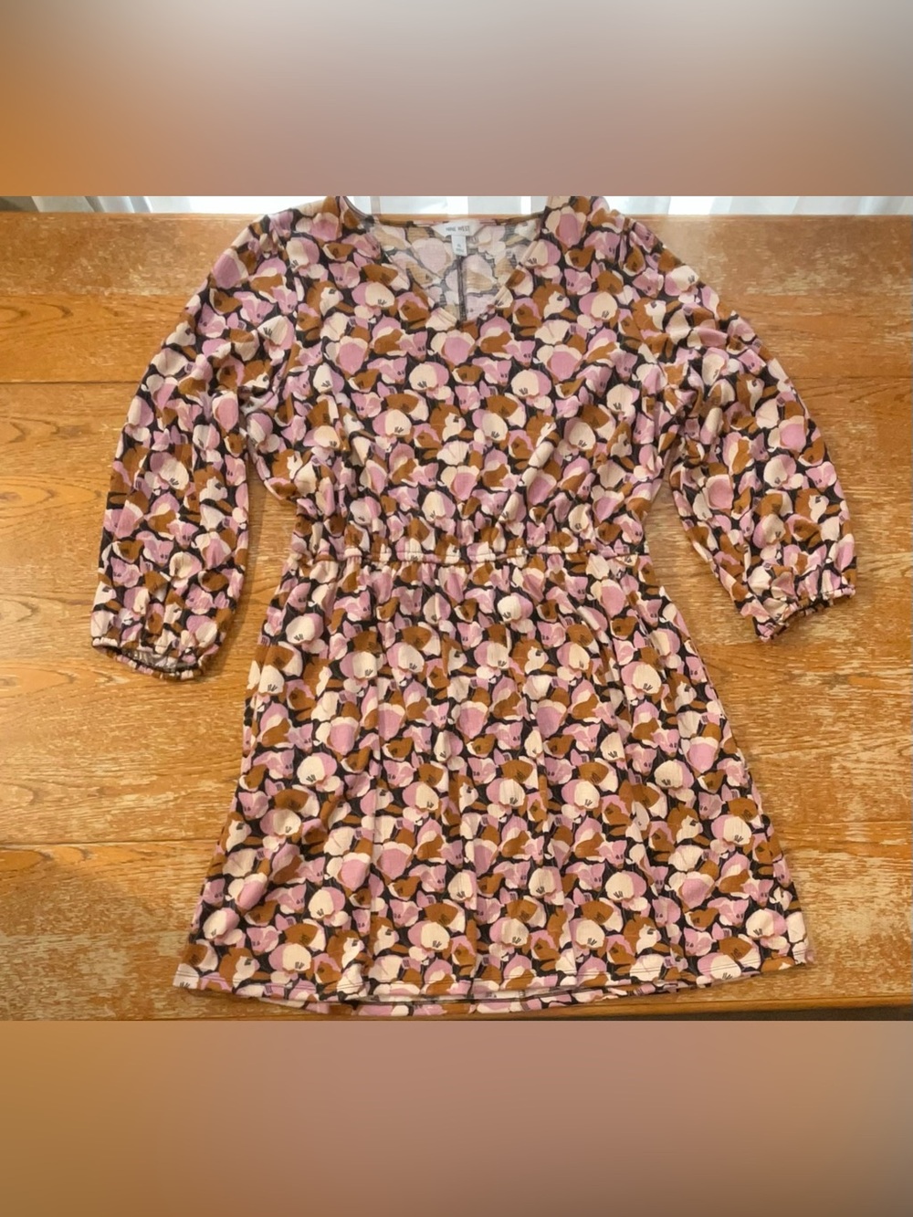 Nine West Dress V-Neck 3/4 Sleeve Brown Purple Floral Elastic Waist Size XL